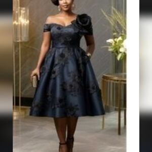 Chic Midnight Blue and Black Floral Gown